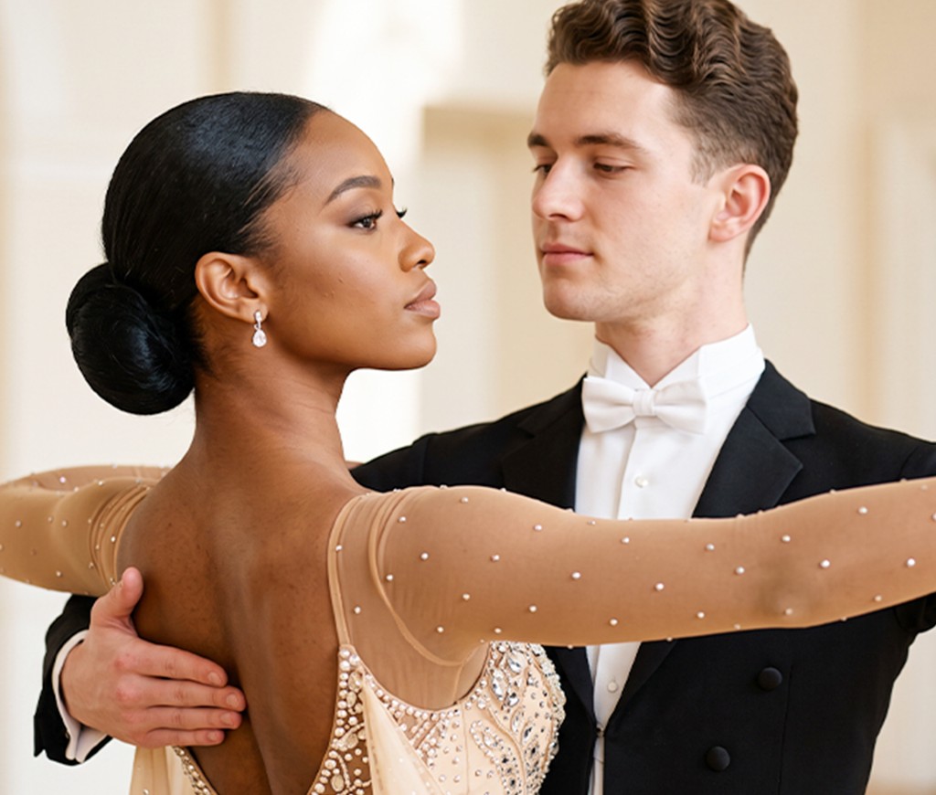 Competitive ballroom couple in formal dance frame
