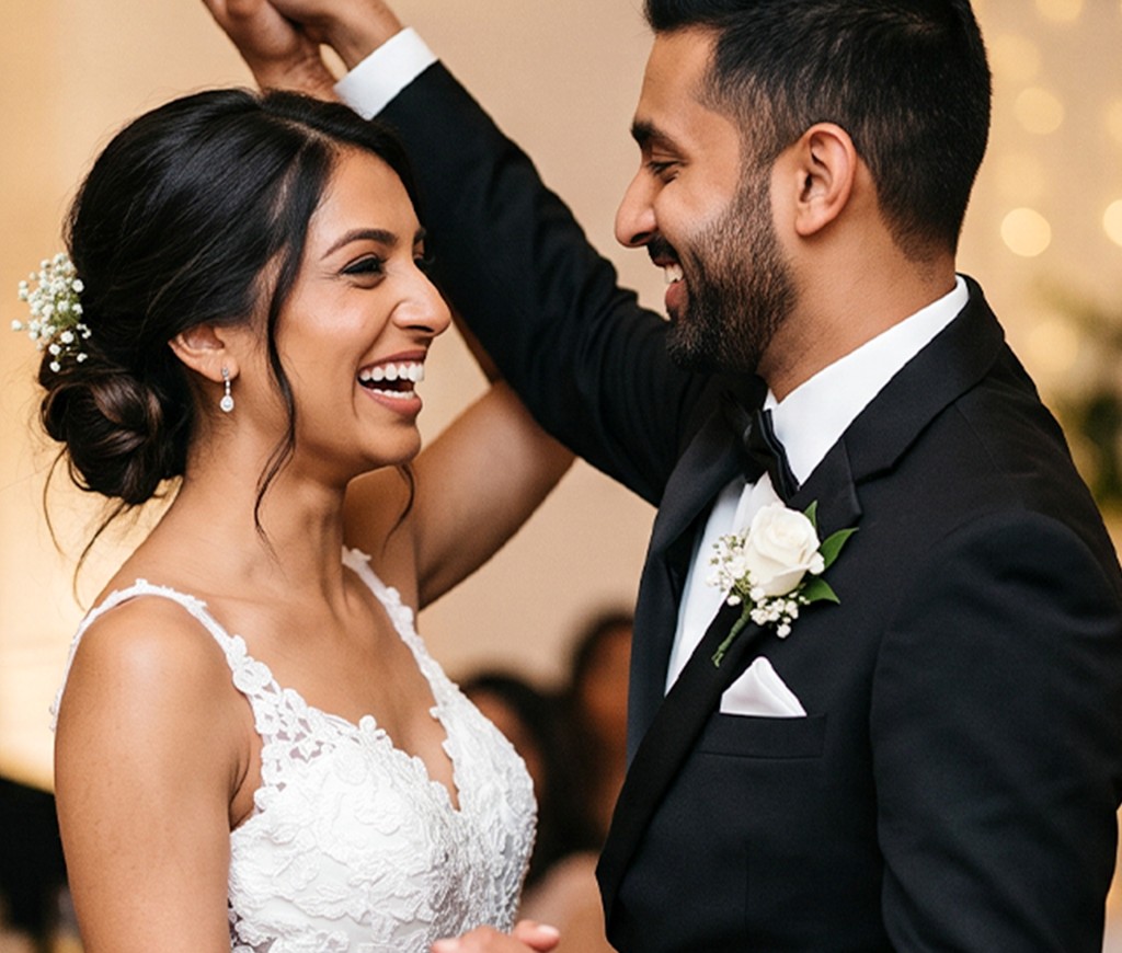 Bride and groom smiling during their first dance